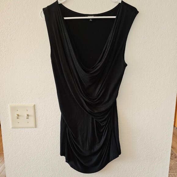 Express Women’s Black Cowl Neck Top Size M Shirred Waist Draped Front Sleeveless - Picture 1 of 5